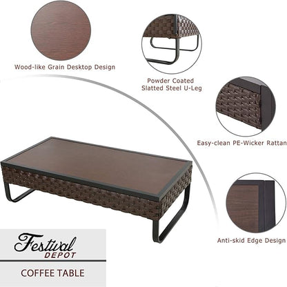 Festival Depot Patio Coffee Table Rectangle Wicker Rattan Table with Wood Grain Desktop and U Shaped Legs All Weather Outdoor Furniture for Garden Bistro 47.2"(L) x 23.6"(W) x 13.7"(H)