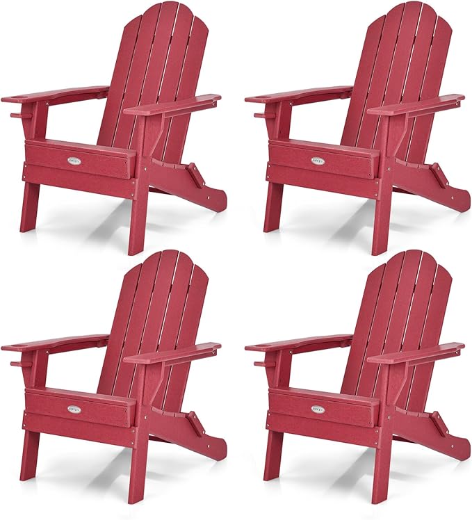 Tangkula Outdoor Folding Adirondack Chair, HDPE Armchairs with Cup Holder, Weather Resistant Lounger Chair for Patio Garden Fire Pit Backyard, Lawn Porch Seating, Adirondack Lounger (4, Red)