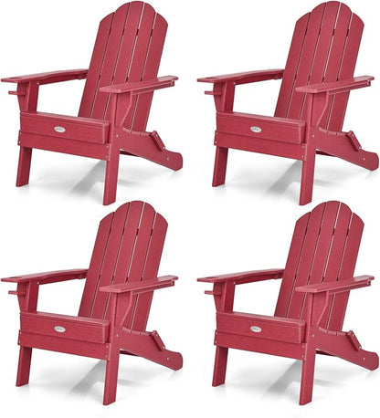 Tangkula Outdoor Folding Adirondack Chair, HDPE Armchairs with Cup Holder, Weather Resistant Lounger Chair for Patio Garden Fire Pit Backyard, Lawn Porch Seating, Adirondack Lounger (4, Red)
