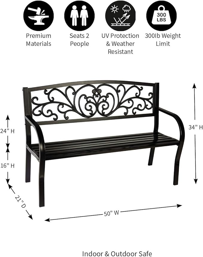 Evergreen Garden Weatherproof Outdoor Bench Blooming Garden | Holds Up to 300 lbs. | Furniture for Lawn Garden Patio Porch Park Deck | Steel | Black