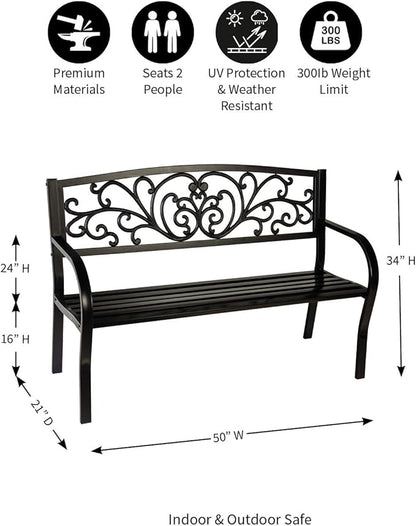 Evergreen Garden Weatherproof Outdoor Bench Blooming Garden | Holds Up to 300 lbs. | Furniture for Lawn Garden Patio Porch Park Deck | Steel | Black