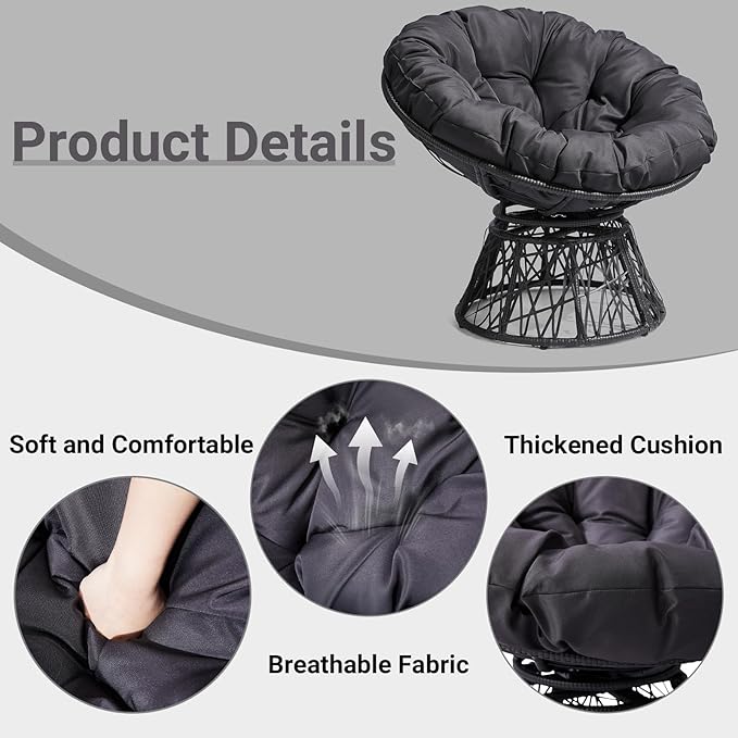VINGLI Outdoor Papasan Chairs with Thick Cushions 360 Degree Swivel Chair, Patio Chairs Lounge Chair Rading Chair for Balcony, Yard, Porch (Black)