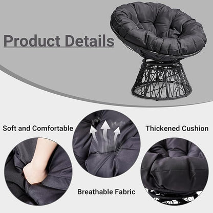 VINGLI Outdoor Papasan Chairs with Thick Cushions 360 Degree Swivel Chair, Patio Chairs Lounge Chair Rading Chair for Balcony, Yard, Porch (Black)