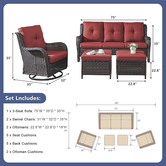Rilyson Wicker Patio Furniture Set - 5 Piece Rattan Outdoor Sectional Conversation Sets with 2 Rocking Swivel Chairs - Photo 2