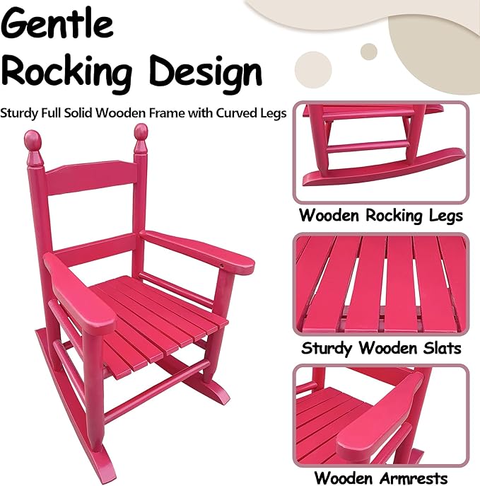 Toddler Rocking Chair for Kids Age 2-5, Hardwood Porch Rocker with Back Support & Armrest for Small Spaces Living Room Outdoor Garden, Easy Assembly (Rose Red)