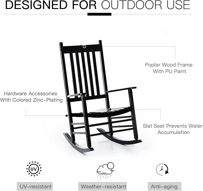 Outsunny Outdoor Rocking Chair, Patio Wooden Rocking Chair with Smooth Armrests, High Back for Garden, Balcony, Porch, Supports Up to 353 lbs, Black