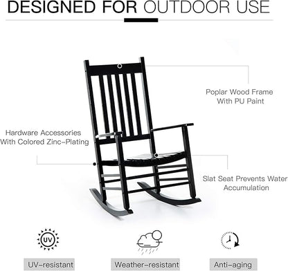 Outsunny Outdoor Rocking Chair, Patio Wooden Rocking Chair with Smooth Armrests, High Back for Garden, Balcony, Porch, Supports Up to 353 lbs, Black