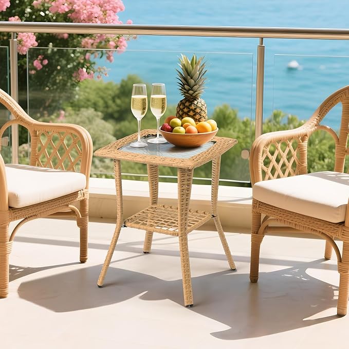 VINGLI Outdoor Side Table with Storage Wicker Patio Side Table - Photo 2