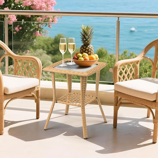 VINGLI Outdoor Side Table with Storage Wicker Patio Side Table, Tempered Glass Top End Table for Balcony Porch Deck (Beige)