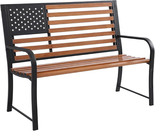 50" Garden Bench Outdoor Bench with American Flag Style, Cast Iron Metal Frame Sturdy Patio Park Bench Arch Legs for Porch,Lawn,Garden,Yard (Yellow-Brown)