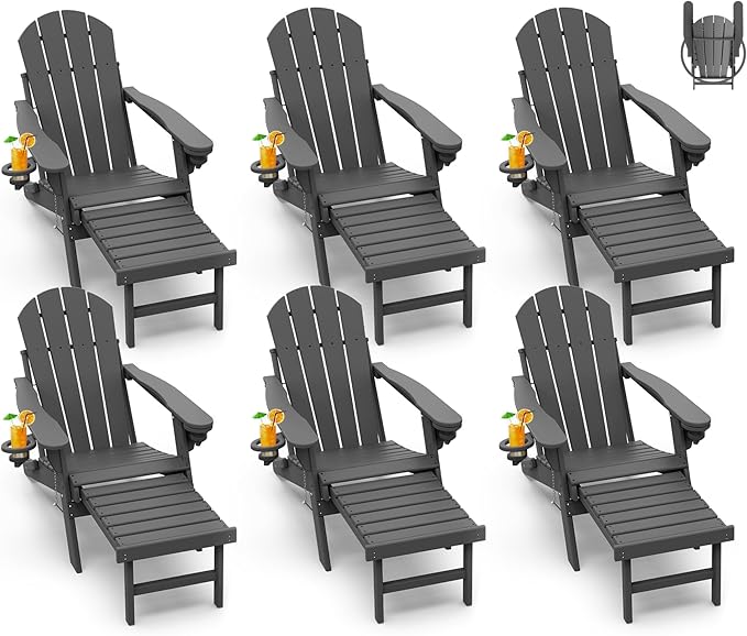 GREENVINES Adirondack-Chairs-with-Ottoman | Set of 6 | Folding | Retractable-Footrest | HDPE Plastic | All Weather Fire Pit Chair | Cup Holders | Grey | for Outdoor Poolside