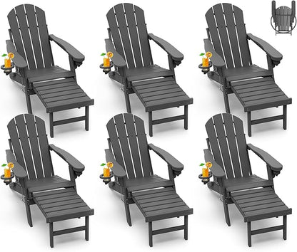 GREENVINES Adirondack-Chairs-with-Ottoman | Set of 6 | Folding | Retractable-Footrest | HDPE Plastic | All Weather Fire Pit Chair | Cup Holders | Grey | for Outdoor Poolside
