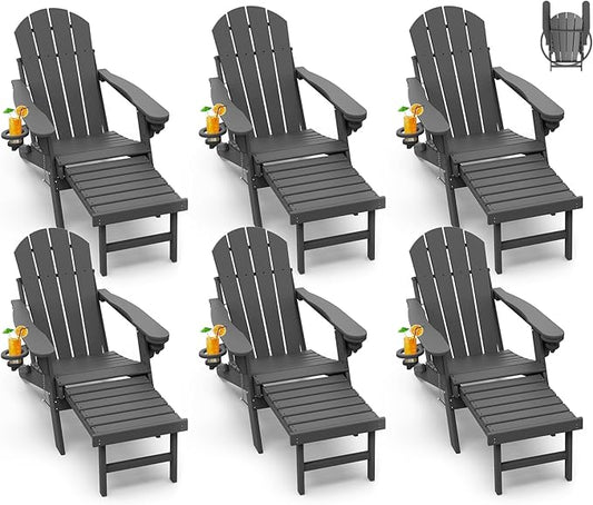 GREENVINES Adirondack-Chairs-with-Ottoman | Set of 6 | Folding | Retractable-Footrest | HDPE Plastic | All Weather Fire Pit Chair | Cup Holders | Grey | for Outdoor Poolside