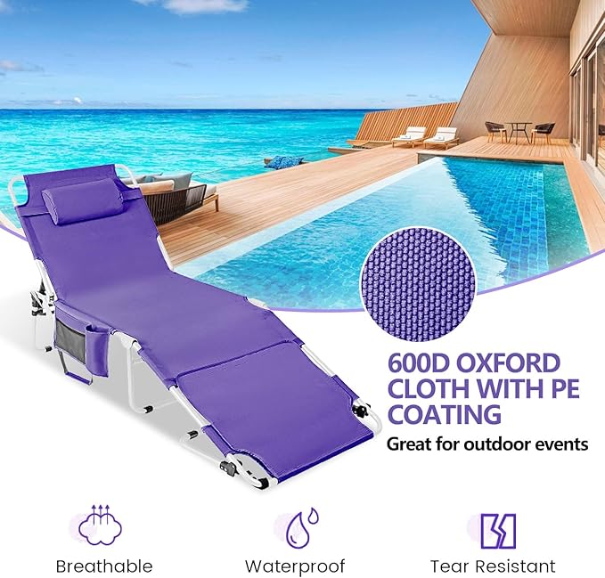 Tanning Chair with Face Hole, Adjustable Folding Chaise Lounge Chairs for Outside with Detachable Pillow & Pocket，Portable flat beach chairs for sunbathing, beach lawns camping (Purple, Standard)
