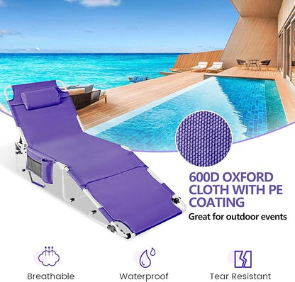 Tanning Chair with Face Hole, Adjustable Folding Chaise Lounge Chairs for Outside with Detachable Pillow & Pocket，Portable flat beach chairs for sunbathing, beach lawns camping (Purple, Standard)