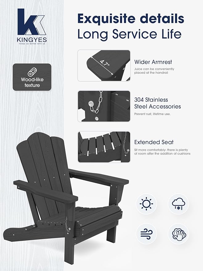 KINGYES Folding Adirondack Chair Set of 8, HDPE All-Weather Folding Adirondack Chair, Grey - Photo 5