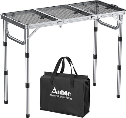 Anbte 3ft Folding Grill Table with Storage Bag, 3 Adjustable Height 27.5" Aluminum Portable Grill Table, Heat Resistant, Lightweight, Portable Handle for BBQ Cooking Camping Travel, 35" X 16", Silver