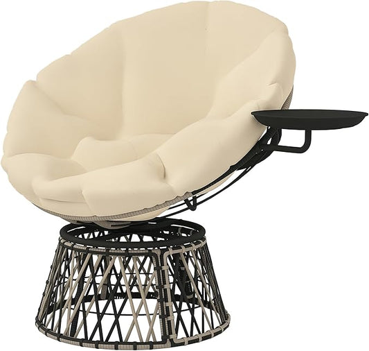 Outsunny 39" Outdoor Papasan Chair with Side Tray, 360° Swivel Overstuffed Circle Chair with Thickened Cushion, Wicker Lounger with Steel Frame for Indoor, Patio, Beige