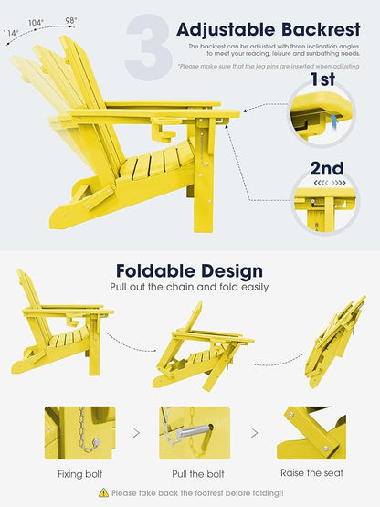 KINGYES Folding Adjustable Adirondack Chair with Ottoman & 2 Cup Holders, HDPE Adirondack Recliner Chair with Footrest, Yellow