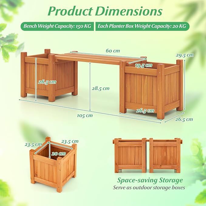 HAPPYGRILL Outdoor Bench with 2 Raised Garden Beds, 2-in-1 Outdoor Planter Box with Open-Ended Base, Wooden Garden Bench for Flowerpots, Indoor Patio Yard Porch Decoration (1)