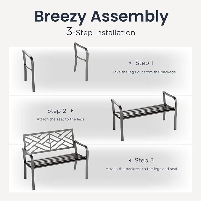 PHI VILLA 43 Inch Cast Iron Steel Frame Outdoor Garden Bench, Patio Furniture Chair Bench w/Line Pattern Design Backrest - Photo 7