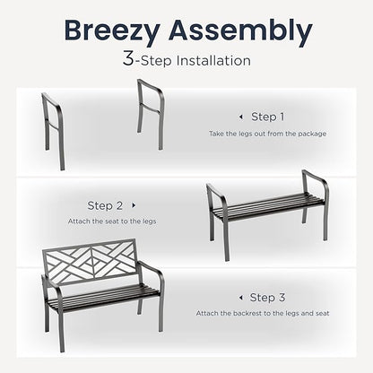 PHI VILLA 43 Inch Cast Iron Steel Frame Outdoor Garden Bench, Patio Furniture Chair Bench w/Line Pattern Design Backrest, Slatted Seat for Park, Yard, Porch - Black