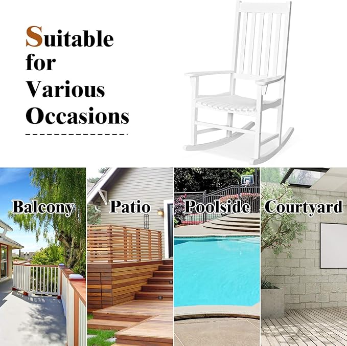 Tangkula Acacia Wood Porch Rocking Chair, Wooden Rocking Chair Rocker with High Back & Armrest for Indoor Outdoor Use, Patio Rocker for Garden Lawn Balcony Backyard Poolside (1, White)