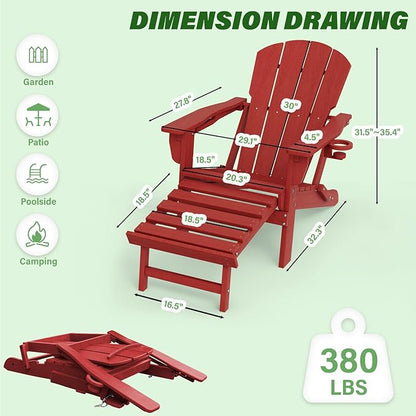 LOUNZY Folding Adjustable Adirondack Chair with Retractable Ottoman, HDPE Recliner Adirondack Chair with Cup Holder for Deck Lawn Fire Pit,Red