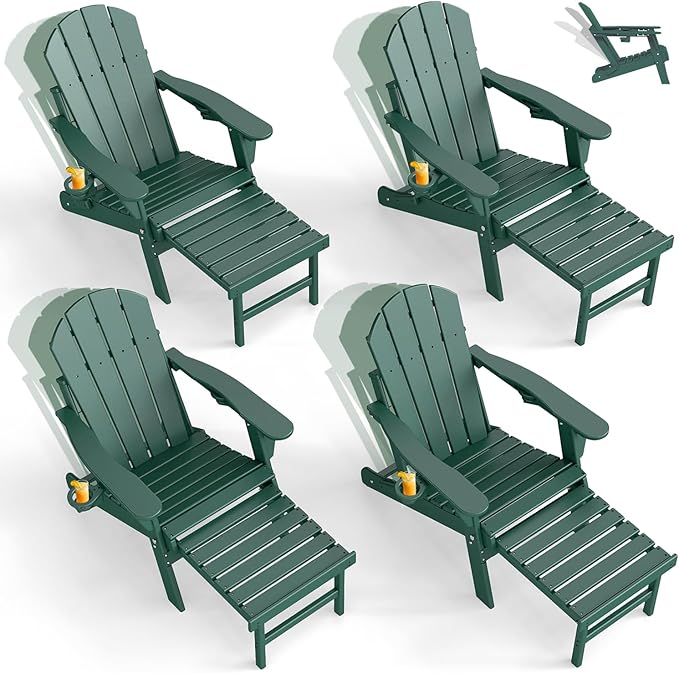 GREENVINES Adjustable Adirondack Chair with Retractable Ottoman Set of 4 | Folding | HDPE Plastic | Fire Pit Chairs w/Foot Rest | 2 Cup Holders | Forest | for Outdoor Patio Poolside Deck