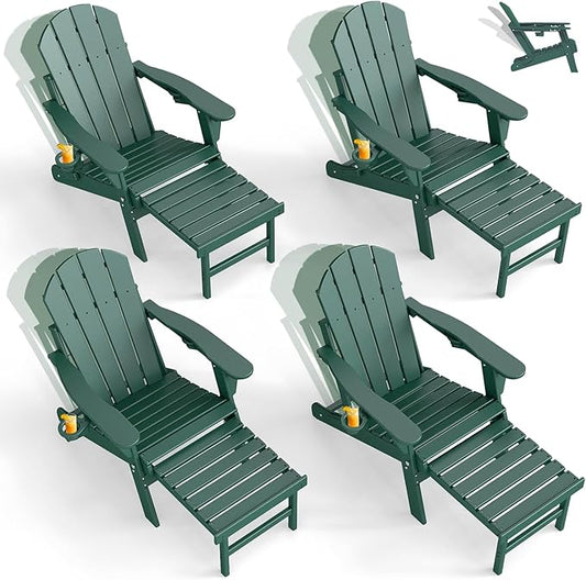 GREENVINES Adjustable Adirondack Chair with Retractable Ottoman Set of 4 | Folding | HDPE Plastic | Fire Pit Chairs w/Foot Rest | 2 Cup Holders | Forest | for Outdoor Patio Poolside Deck