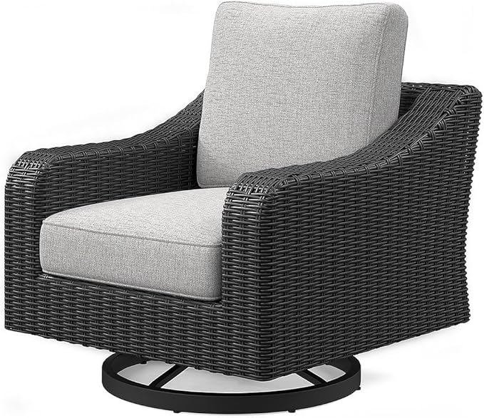 Signature Design by Ashley Beachcroft Casual Outdoor Weather Resistant Rust Free Swivel Lounge Chair with Removable Cushion, Light Gray & Black