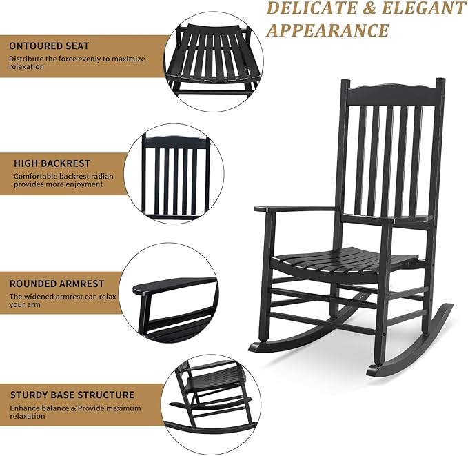 Outvita Outdoor Rocking Chair, Solid Wood High Back Rocker, All Weather Lounge Chair for Porch Patio Fire Pit Garden Backyard Deck Indoor, Wave Shape, Black