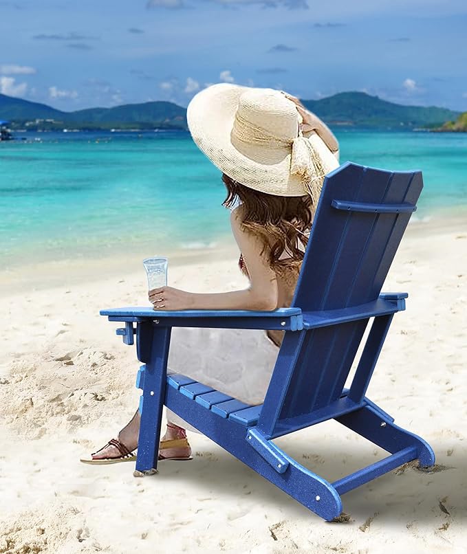 Adirondack Chair Oversized Folding Adirondack Chairs Recyclable HDPE Modern Adirondack Chair with Cup Holder Poly Lumber Patio Chairs for Pool Patio Garden Outdoors Fire Pit Blue