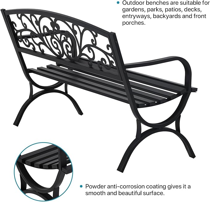 Dkelincs Outdoor Benches Memorial 50" Extra Wide Patio Park Metal Waterproof Garden Bench with Armrests Arched Legs Floral Backrest for Outside Porch Backyard Park,Black