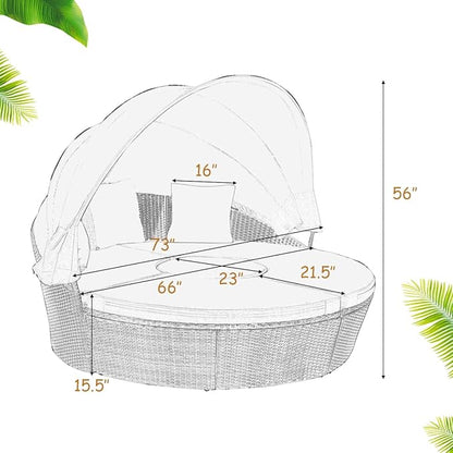Tangkula Patio Round Daybed with Retractable Canopy, Outdoor Wicker Rattan Furniture Sets, Sectional Cushioned Sofa Set w/Height Adjustable Coffee Table, Rattan Conversation Sets (Black)