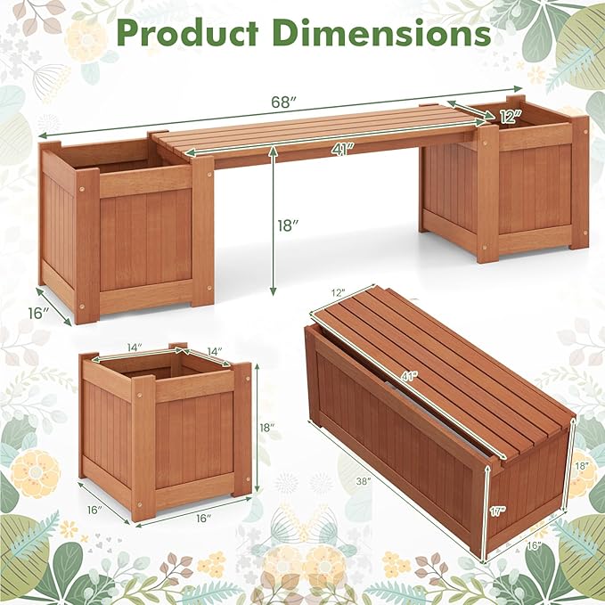 Planter Box Bench Outdoor, Wooden Patio Bench Raised Garden Bed with 3 Plant Boxes & 2 Wood Benches, 2-in-1 Wood Planter Bench Deck Plant Box for Porch, Garden & Backyard