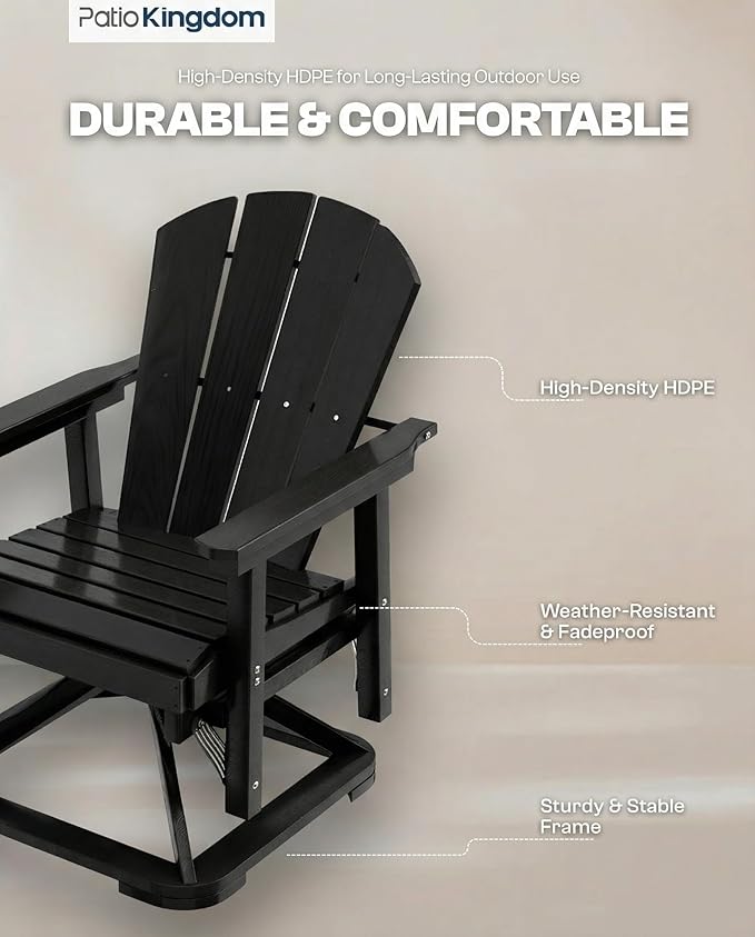 HDPE Outdoor Swivel Glider Chair Set of 2 with Folding Side Table & 9FT Patio Umbrella, Adirondack Wooden Textured Swivel Chairs for Porch, Balcony, Poolside, Backyard (Black)