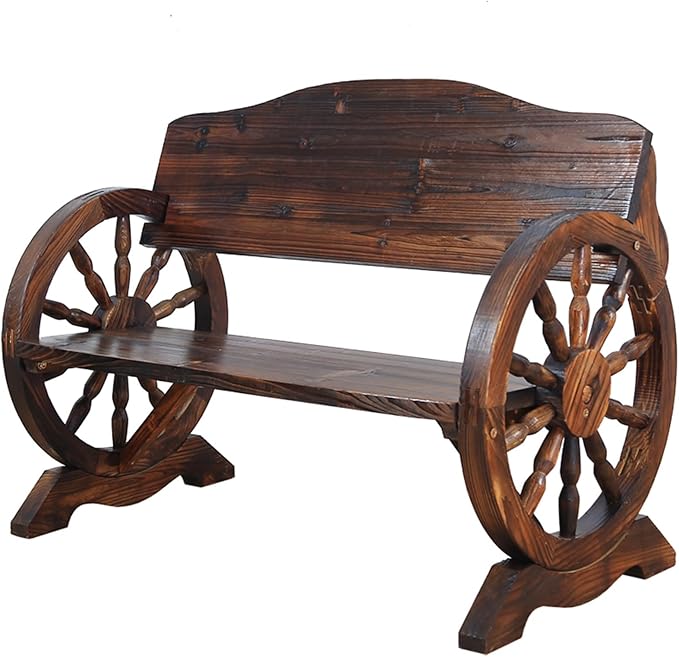 Outdoor Garden Bench, Rustic Wooden Wagon Wheel Bench Wheel Arms, w/Curved Backrest and Wide Armrest, 2-3 People Park Bench, Suitable for Backyard, Patio, Porch(Color:A,Size:55x21.6x31.1in)