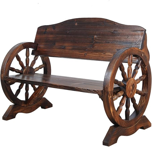 Outdoor Garden Bench, Rustic Wooden Wagon Wheel Bench Wheel Arms, w/Curved Backrest and Wide Armrest, 2-3 People Park Bench, Suitable for Backyard, Patio, Porch(Color:A,Size:55x21.6x31.1in)