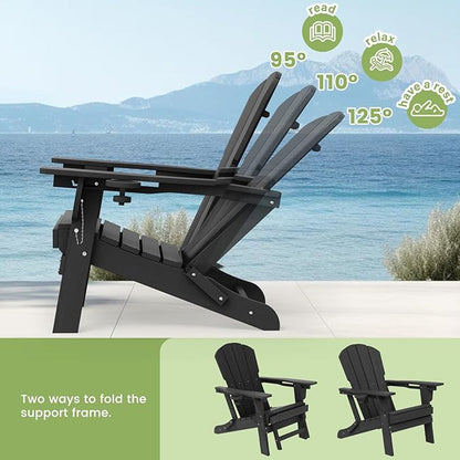 LOUNZY Folding Adjustable Adirondack Chair with Footrest Set of 4,HDPE Recliner Adirondack Chair with Cup Holder for Deck Lawn Fire Pit,Black