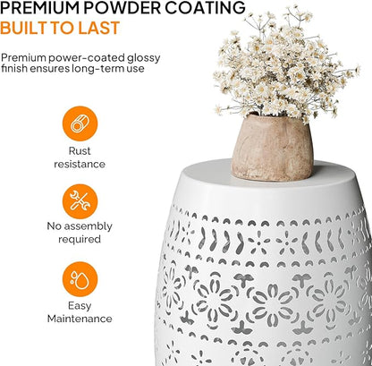 VINGLI Outdoor Iron Side Table, Patio End Table Anti-Rust Metal Round Drum Garden Stool Plant Stand Indoor Iron Accent Table for Patio Deck Porch Living Room (White)