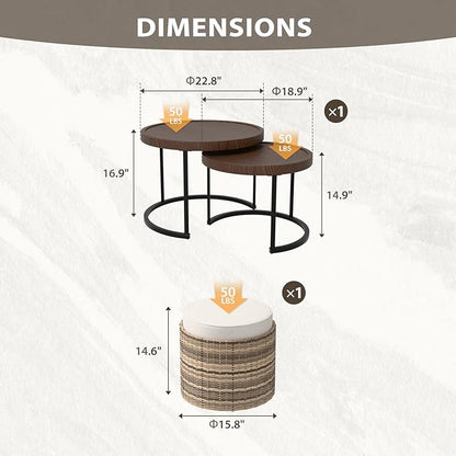 EAGLE PEAK Sunset Dune Collection Round Modern Nesting Coffee Tables, Wood Grain Top Stacking Accent Tables, Matching Ottoman, Indoor Outdoor, Set of 3, Brown