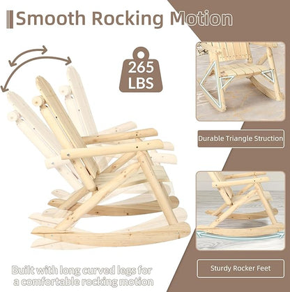 4-Piece Outdoor Wood Rocking Bistro Set, Rustic Wooden Conversation Set Including 2-Seater Loveseat, 2 Coffee Table, Log Rocker Chair, Patio Furniture Chair Set for Lawn Yard, Natural