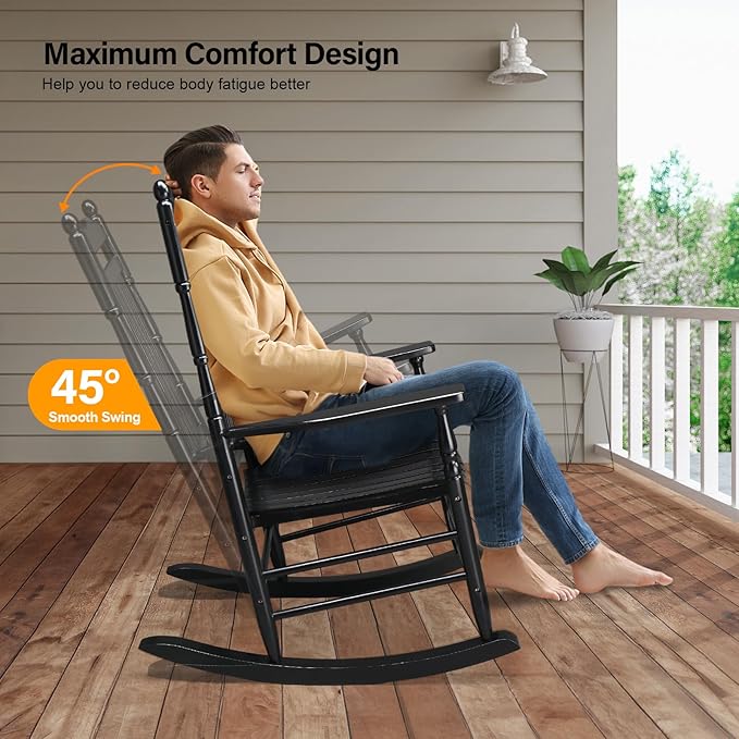 VINGLI Wooden Rocking Chair Outdoor, Patio Rockers with High Back, Support 450 LBS Rocking Chairs, for Porch, Patio, Balcony, Garden, Yard (Black, 1 PC)