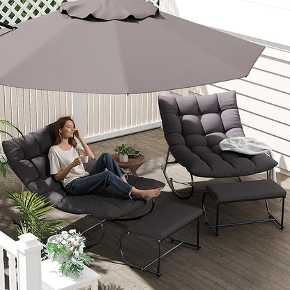 2 Piece Outdoor Rocking Chairs with Ottoman, Patio Oversized Rocking Egg Chair with Cushion, Papasan Chair Set of 2 for Outside, Outdoor Padded Chairs, Grey
