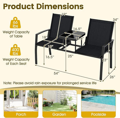 Tangkula Patio Loveseat with Built-in Table, 2-Seat Small Balcony Furniture with Breathable Fabric, Heavy Duty Metal Frame, Tempered Glass Tabletop, Outdoor Seating Bench for Porch Backyard Garden