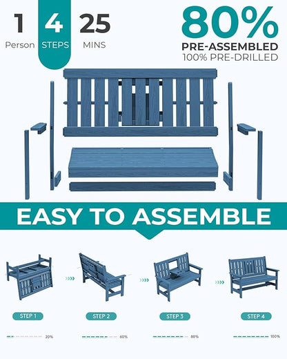 SERWALL Outdoor Bench with Cup Holder, 58" HDPE Front Porch Bench Suitable for 3 Person, All Weather Patio Benches with High Backrest and Wide Armrests for Garden, Park, Yard, Navy