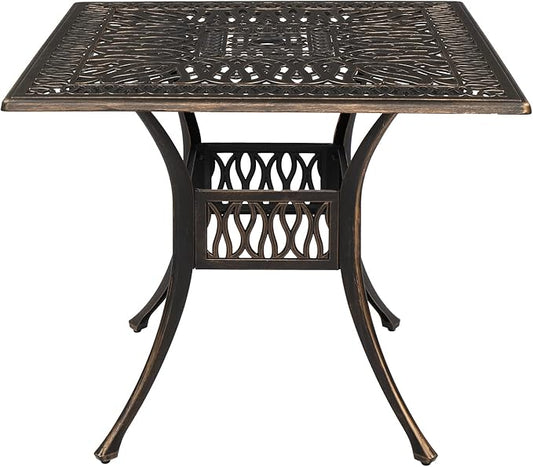 VINGLI Patio Dining Table with Umbrella Hole, Cast Aluminum Outdoor Bistro Furniture for Garden (35.4" Lx35.4 Wx29.5 H)