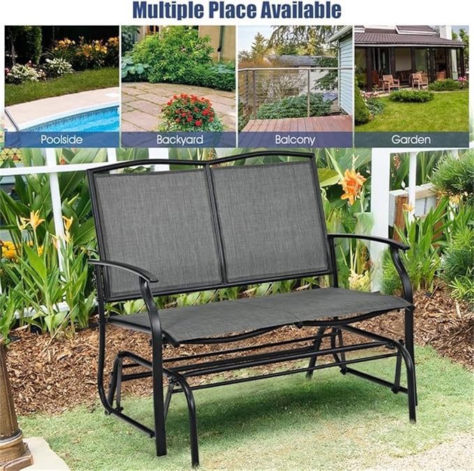 Pemberly Row Patio Glider Rocking Bench, Gray Metal Frame, Ergonomic 2-Person Double Chair with Smooth Motion, Durable Outdoor Seating for Backyard, Patio, or Garden