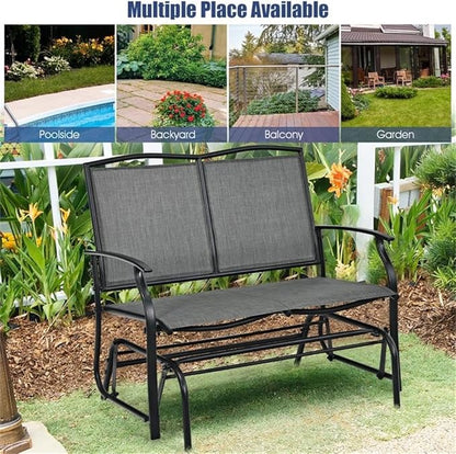 Pemberly Row Patio Glider Rocking Bench, Gray Metal Frame, Ergonomic 2-Person Double Chair with Smooth Motion, Durable Outdoor Seating for Backyard, Patio, or Garden